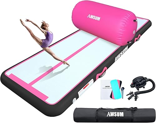 Miniatura 9 de AWSUM Rodillo de aire para gimnasia, barril de voltereta para espalda, entrenador de flexión para gimnasia, equipo de trampolín inflable con bomba