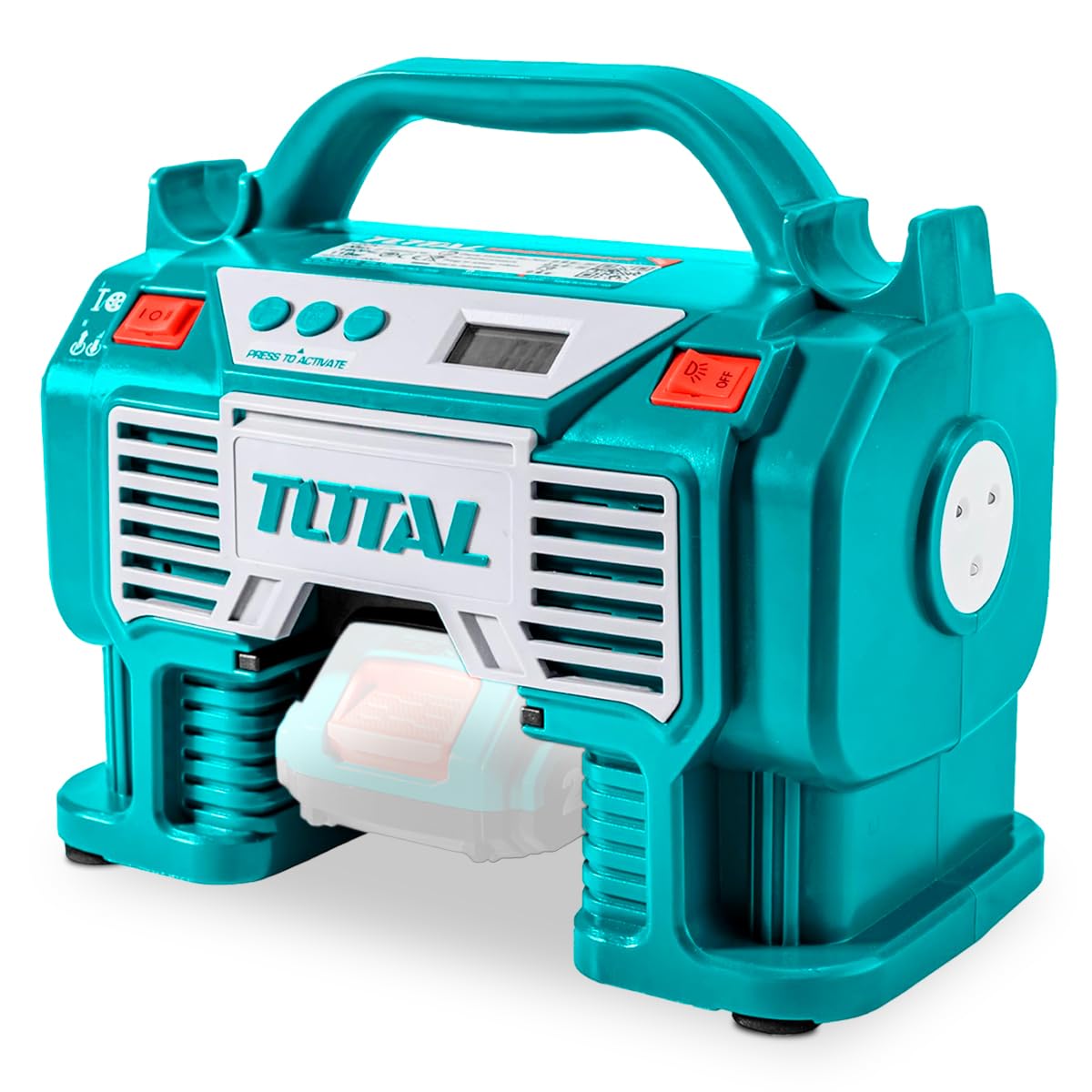 TOTAL - Compresor Híbrido a Batería P20S de 20 V - Bomba de Aire Eléctrica para Inflar Balones, Colchones y Neumáticos - Cargador de 12 V para Coche - Incluye Adaptadores