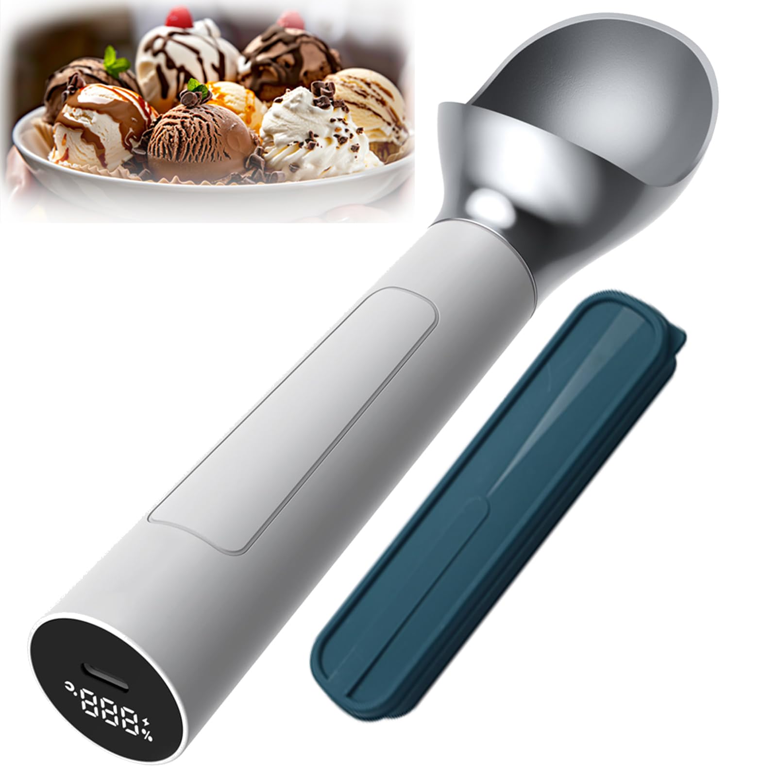 Cuillère à glace chauffante USB en acier inoxydable avec affichage numérique, température réglable, étanche, 18,8 x 3,0 x 3,1 cm, 8 heures sur une seule charge, avec boîte de rangement