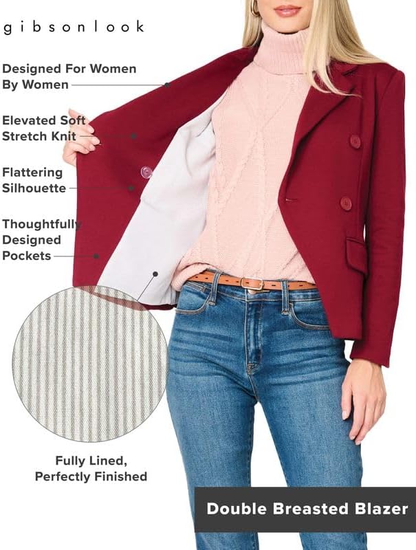 GIBSONLOOK Womens Dress Jacket Double Breasted Blazer, Casual Work Wear for Women, Fitted Blazer Jacket Open Front Long Sleeve Work Office Suit Jacket, Cabernet Red Size L
