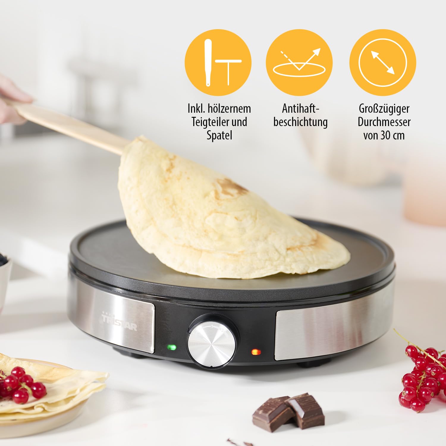 Tristar BP-2638 Crêpe-Maker - Durchmesser 30 cm - Inklusive Zubehör - Thermostat - Edelstahl - schwarz