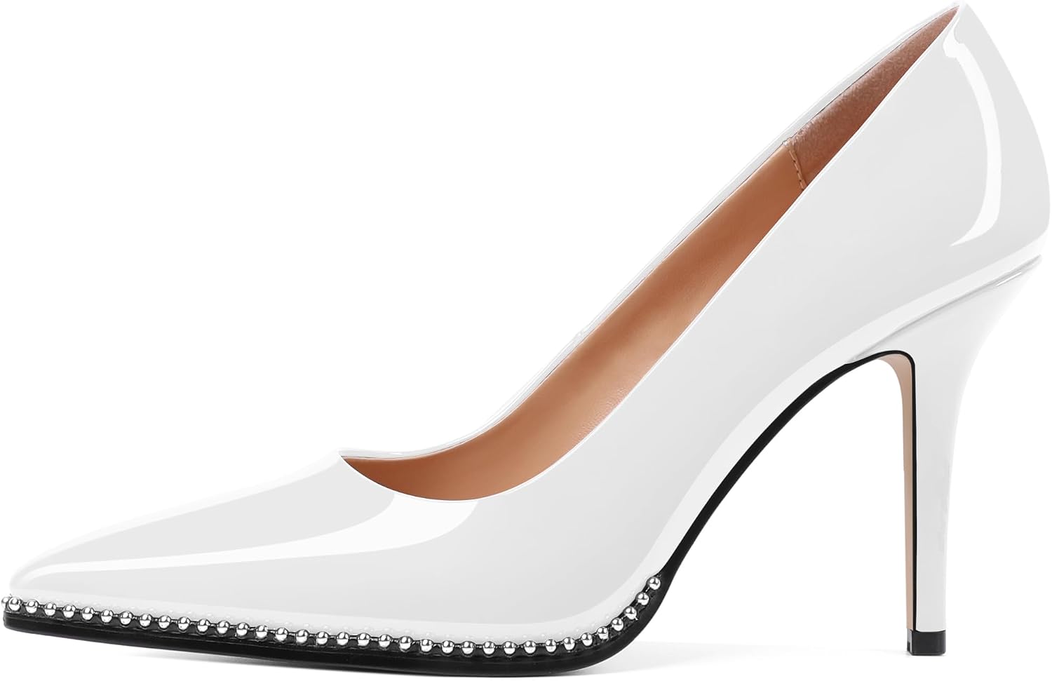 SAMMITOP Women Beaded Pumps Closed Pointed Toe High Heel Slip On Stilettos 3.5 Inch Sexy Heeled Dress Shoes Patent Leather