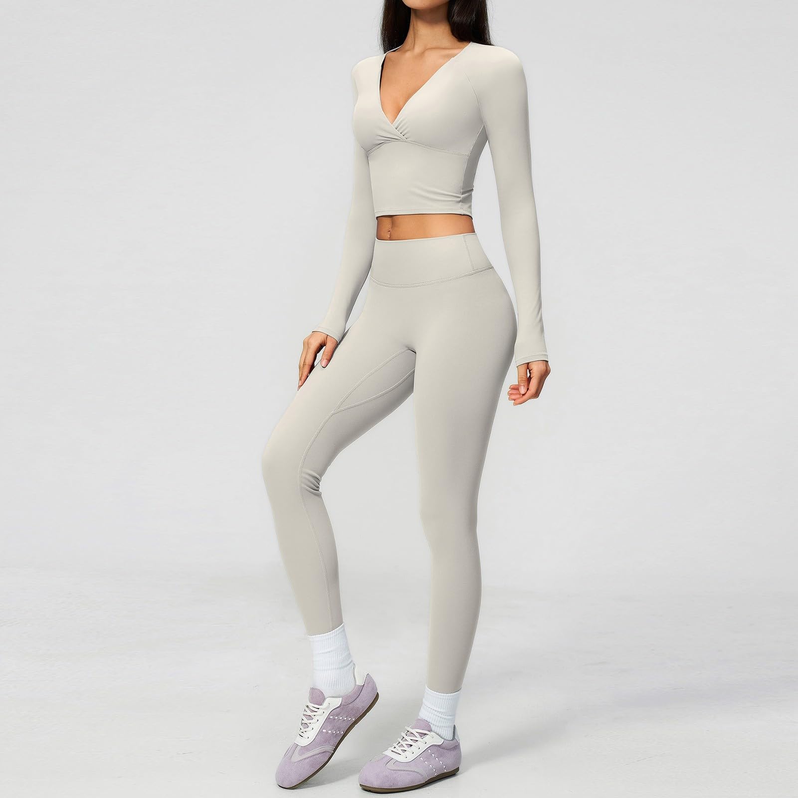 Tuta sportiva da donna, 2 pezzi, a maniche lunghe, per jogging, allenamento, traspirante, a vita alta, per yoga, per il tempo libero