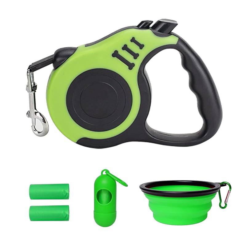 Guia retrátil para cães LIEVUIKEN com fita de nylon e freio ajustável, 4,88 m, Green Set