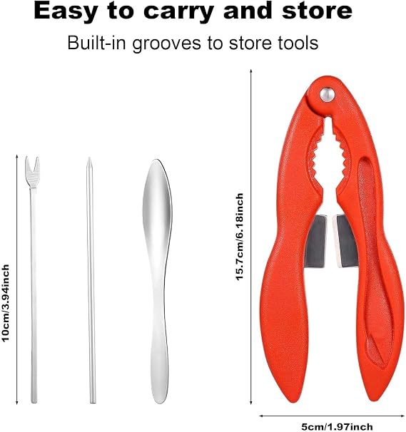 4PCS Crab Cracker - Lobster Crackers - Lobster Crackers and Picks - Multifunctional 3-in-1 Crab Leg Crackers, Strong Seafood Tool with Fork/Spoon/Pick - Suitable for Crab & Lobster Legs (Red)