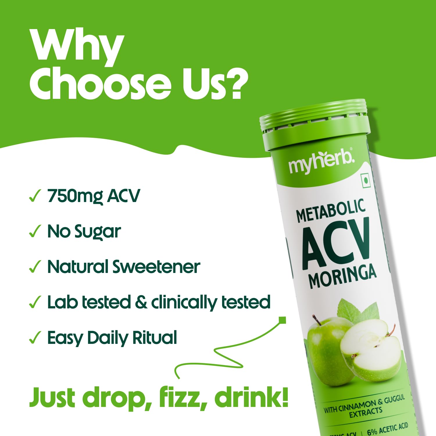 MYHERB ACV Moringa | 15 Effervescent Tablets To Control Cravings,Convert Fat Into Energy | Boost Energy | Apple Cider Vinegar, Cinnamon, Guggul | No Added Sugar (15 count (Pack of 1), Green Apple) 1