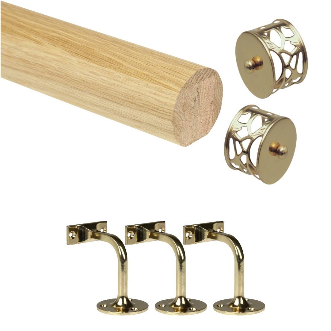 Oak Mopstick Handrail Kit 2400mm with Brass Wall Brackets & Brass Filigree End Caps | Wall Mounted Bannister Support Rail