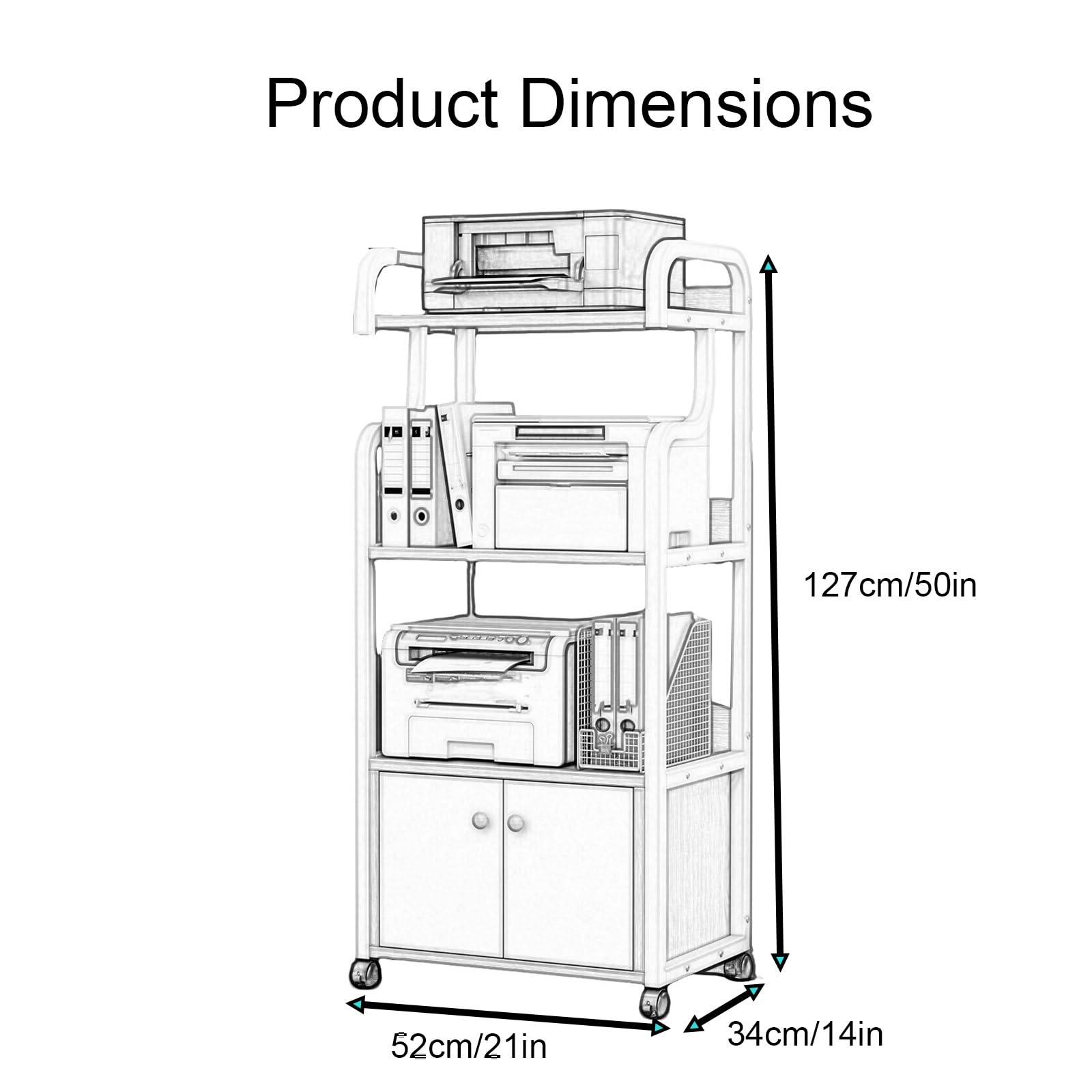 Mueble Impresora Multicapa, Grande Mesa Impresora con Almacenamiento y Ruedas de 52 X 34 X 127 cm para Máquina de Fax Oficina En Casa(White)