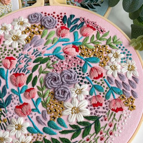 Myfelicity Kit de bordado para adultos, conjunto de material de bordado com padrões fofos de flores