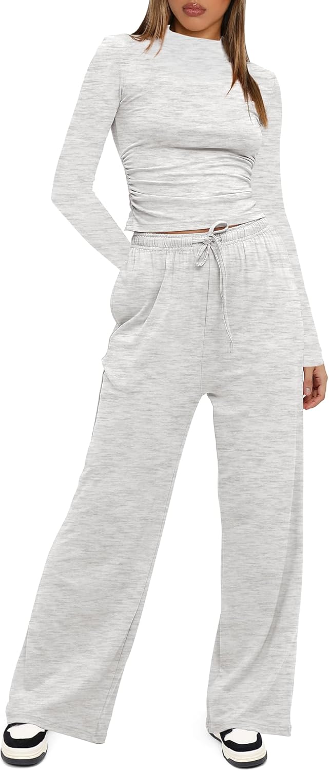 Darong Women's 2 Piece Outfits Lounge Sets Long Sleeve Mock Neck Tops High Wasited Wide Leg Pants Tracksuit Sets - Image 2