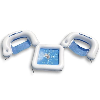 SWIMLINE ORIGINAL Inflatable Game Table Station With Waterproof Playing Cards & Two Inflatable Sling Chairs W/ CupHolders | Double Sided Game Set | Poker & Card Games | Chess & Checkers