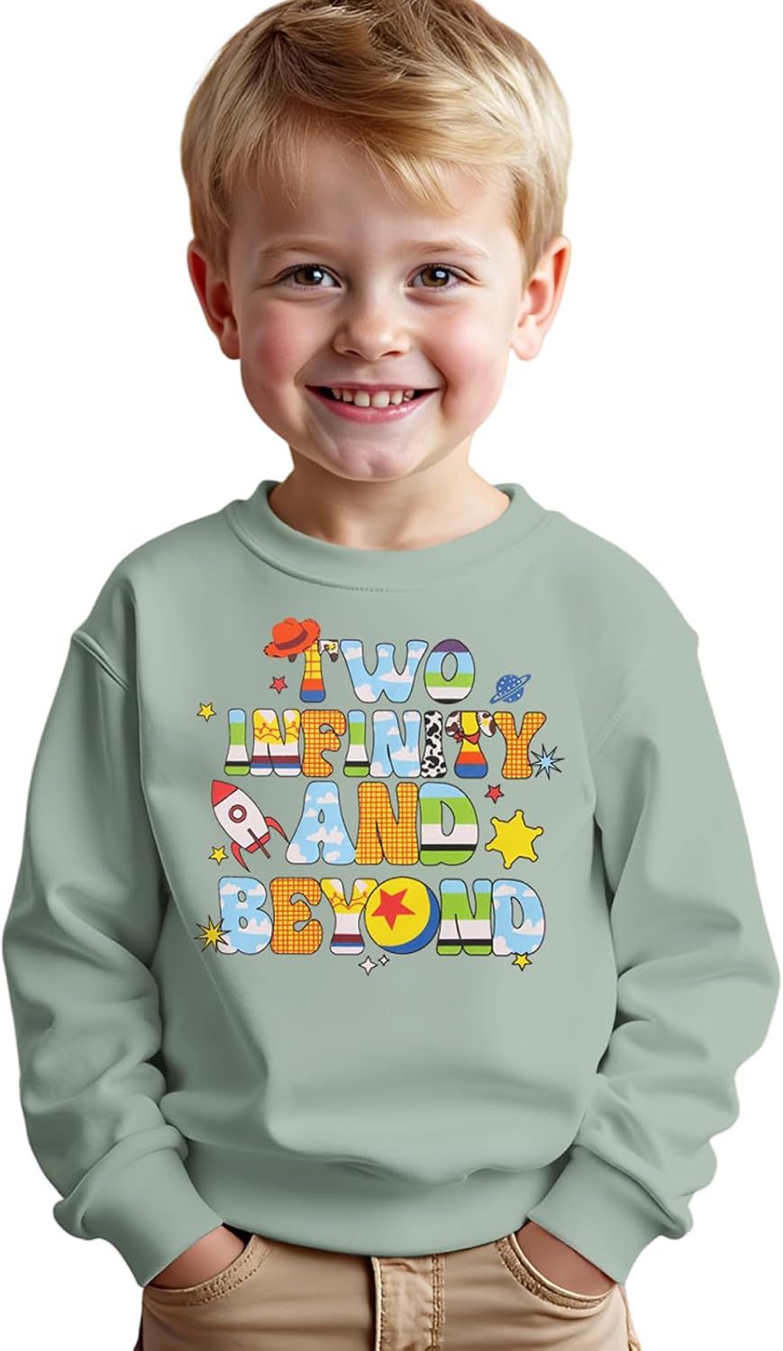 GLIGLITTR 2nd Birthday Sweatshirt for Boy Space Cartoon Graphic Birthday Outfits Two Year Old B-Day Party Long Sleeve Shirt