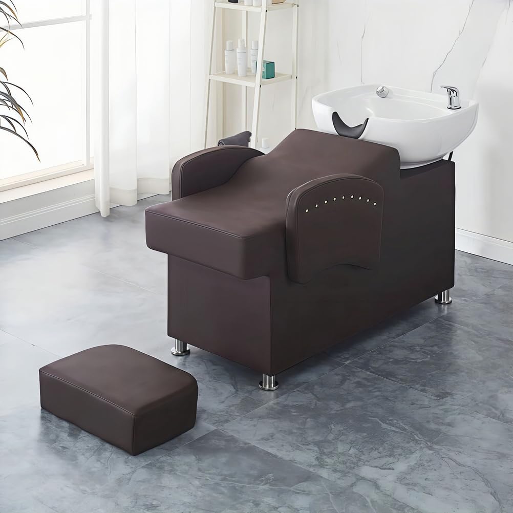 Bac à shampoing Semi-inclinable pour Coiffeur, lavabo en céramique avec Repose-Pieds, revêtement en Cuir imperméable, Marron.