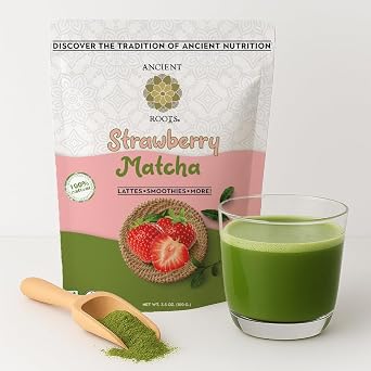 Ancient Roots Strawberry Matcha Powder 3.5 oz Japanese Green Tea Blend with Real Freeze-Dried Strawberries, No Added Sugar, Antioxidant Superfood for Lattes, Smoothies & Baking 25 Servings