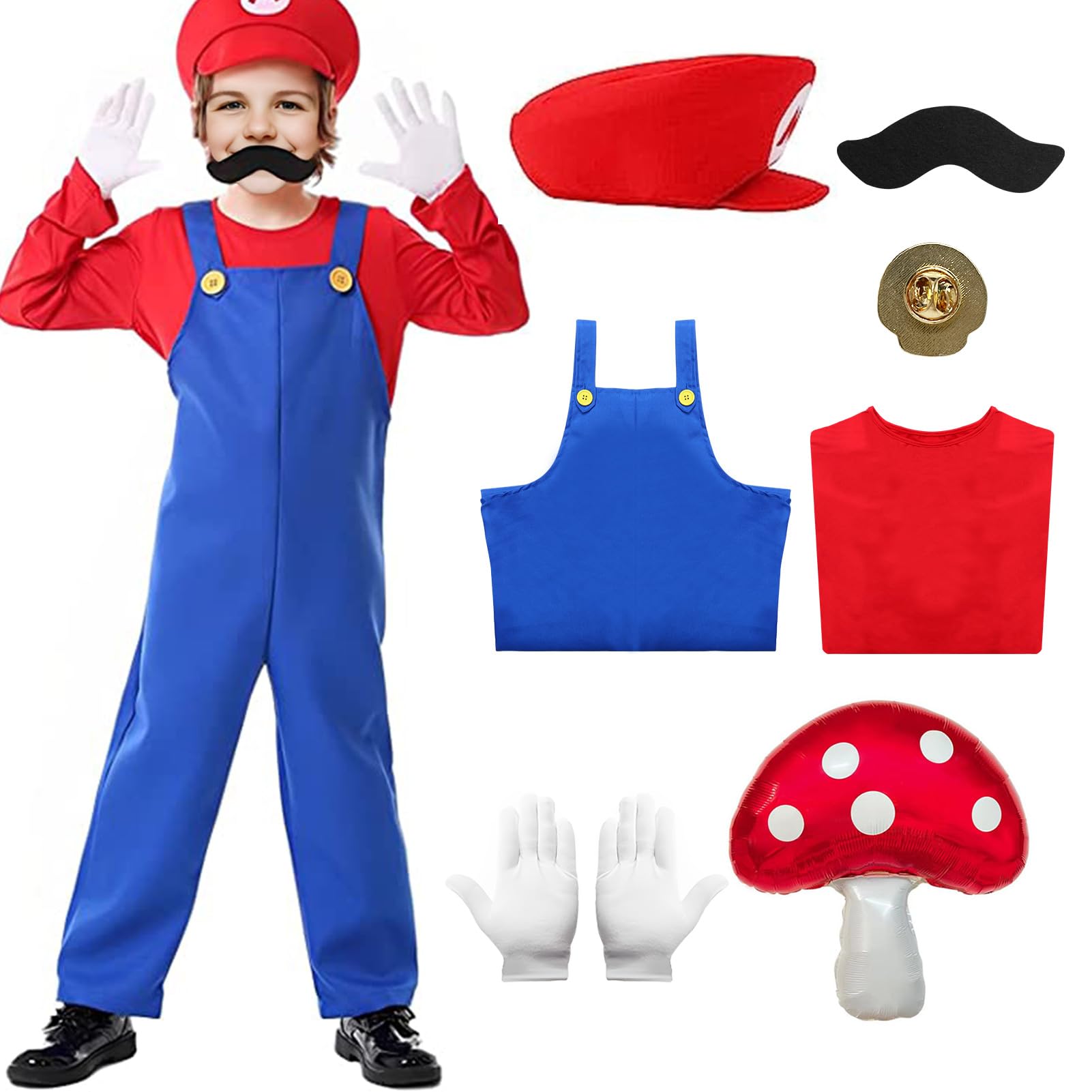 Amycute Costume Carnevale Bambino Adulto, Set Costumi Cosplay con Vestito, Pantaloni, Cappello, Guanti, Baffi Finti, Cosplay Costume per Carnevale Halloween
