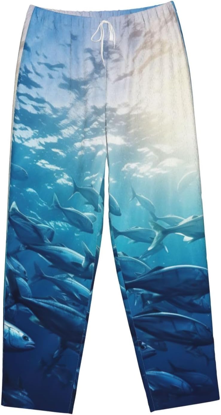 Blue Ocean Underwater Fish Print Fashion Cozy Womens Flannel Pajama Pants,Perfect For Christmas And Everyday Wear