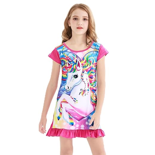 Vestido infantil com estampa de unicórnio, manga esvoaçante, casual, para meninas, verão, saia de unicórnio, roupa para presente de festa