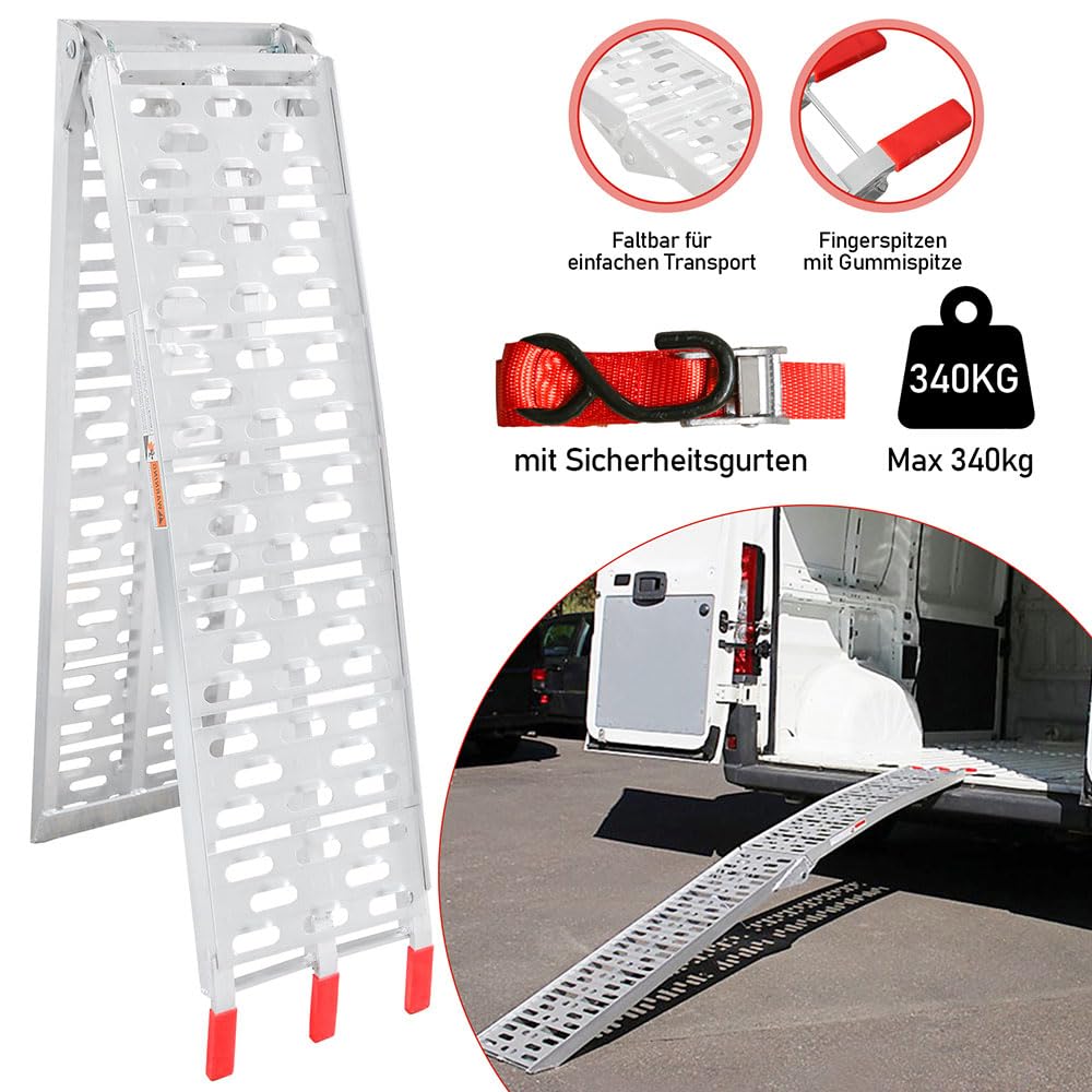 Ikodm Auffahrrampe Klappbar für Anhänger Belastung 340KG, Verladerampe, Faltbare Aluminium Rampen, Auffahrrampe Motorrad, rutschfeste Laderampe, Auffahrrampe 226 cm, 1 stück