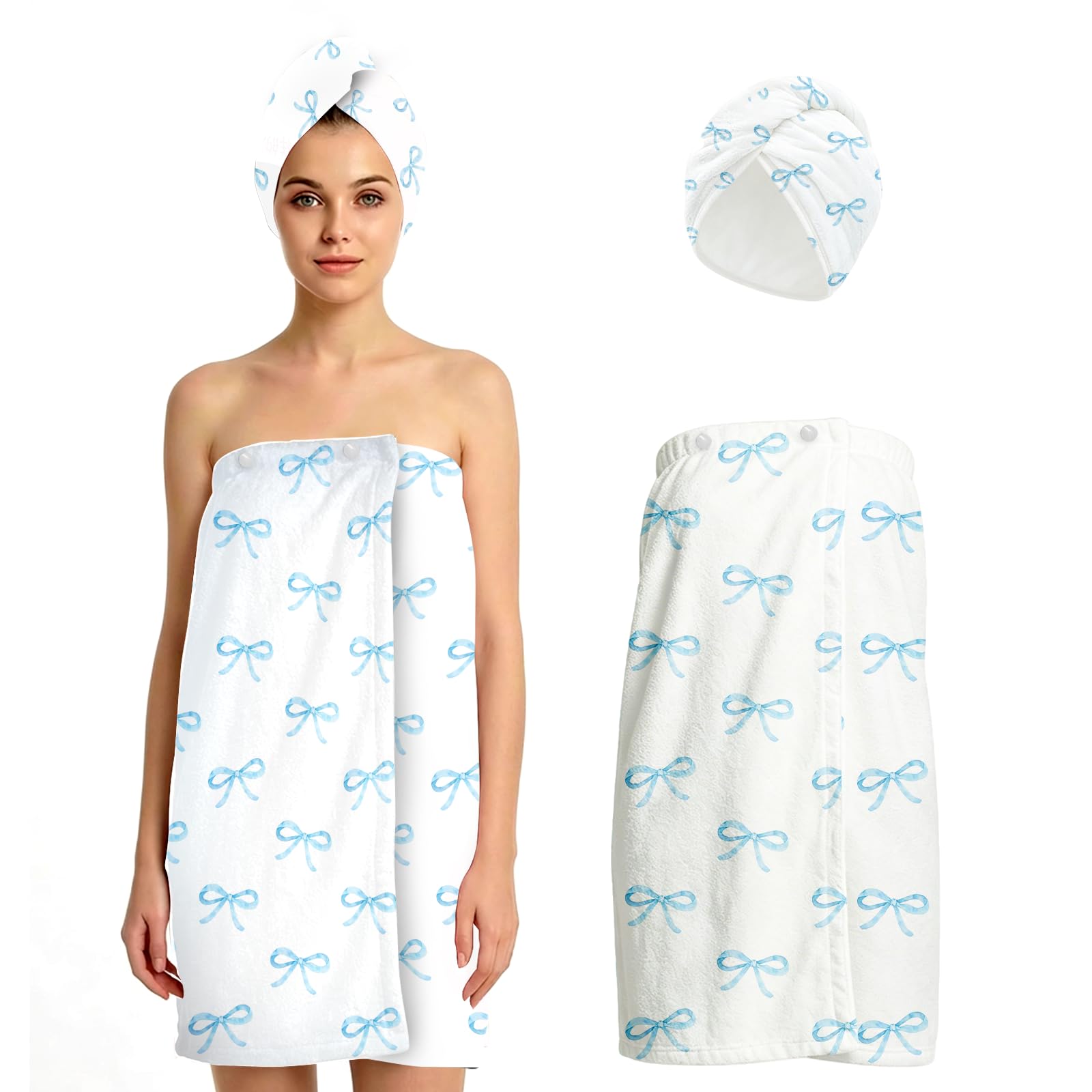 Fiwbnasz Shower Wrap Towel for Women, Bath Towel Wraps with Hair Drying Towels, Adjustable Spa Wrap and Hair Towels, Bowknot Bath Wraps for Women, Quick Dry