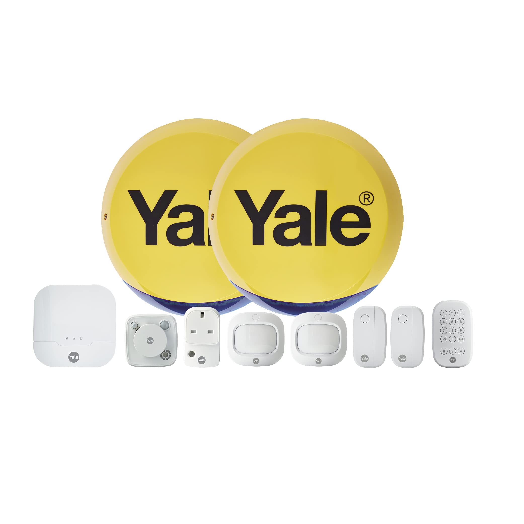 Yale Yale IA-340 Sync Smart Home Alarm 10 piece kit. Includes Sync Alarm Hub, External Live & Dummy Siren, 2x Door/Window Contacts, 2x PIR Motion Detectors, Keypad, Smart Plug, Smoke Detector.