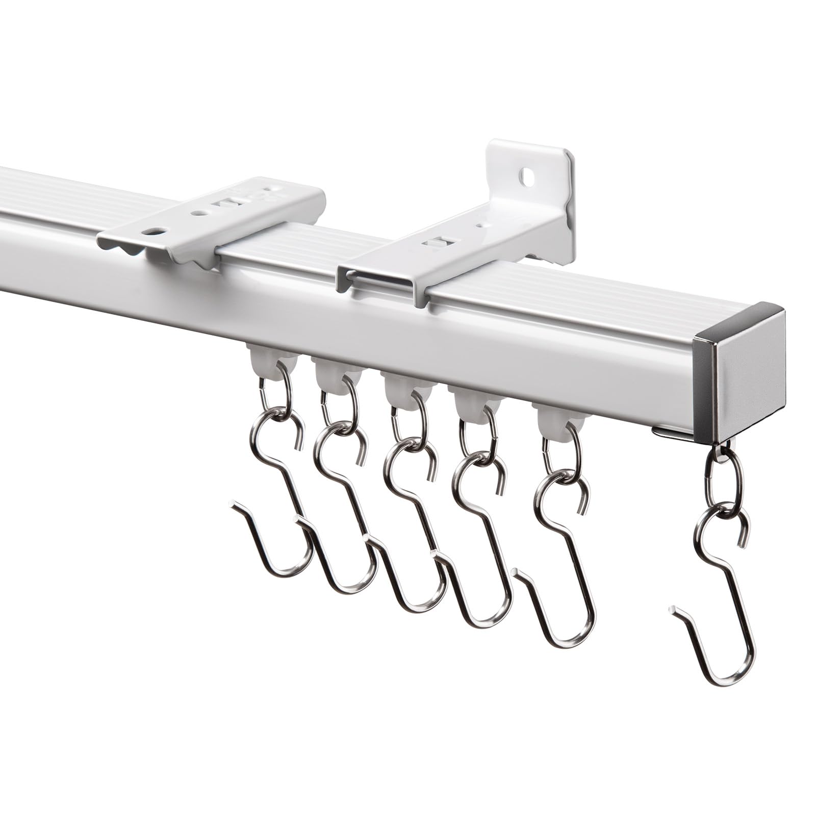ceiling curtain track system with wall mount, silent curtain rail for room divider with three types of hooks, 6ft - 9ft, white