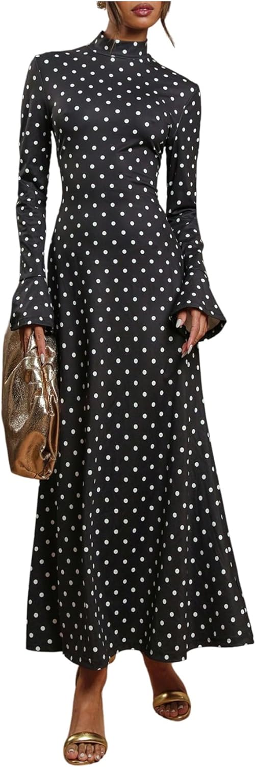 Milumia Women's Polka Dots Long Bell Sleeve Maxi Dress Elegant Mock Neck A Line Vintage Long Dresses