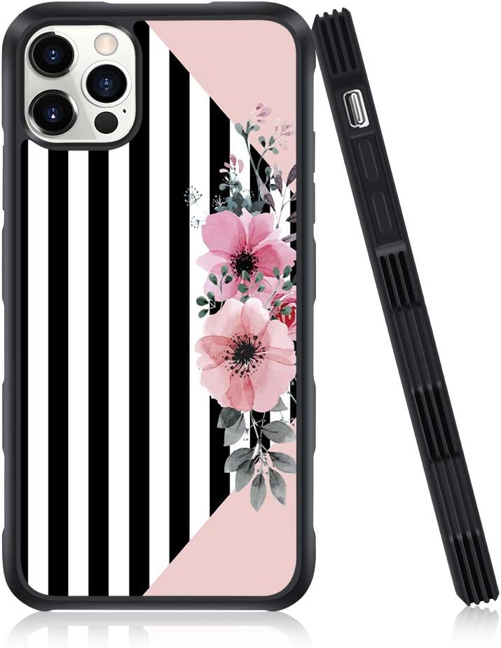 OOK Designed for iPhone 12 Pro Case Pink Flowers Stripes Anti-Skid TPU Bumper Floral Case for Women Girls Full Protective Cover Case 6.1 Inch
