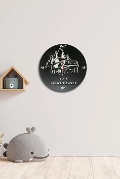 Hellove İsme Özel Çocuk Odası Saati Ahşap Duvar Saati Araba Temalı Saat