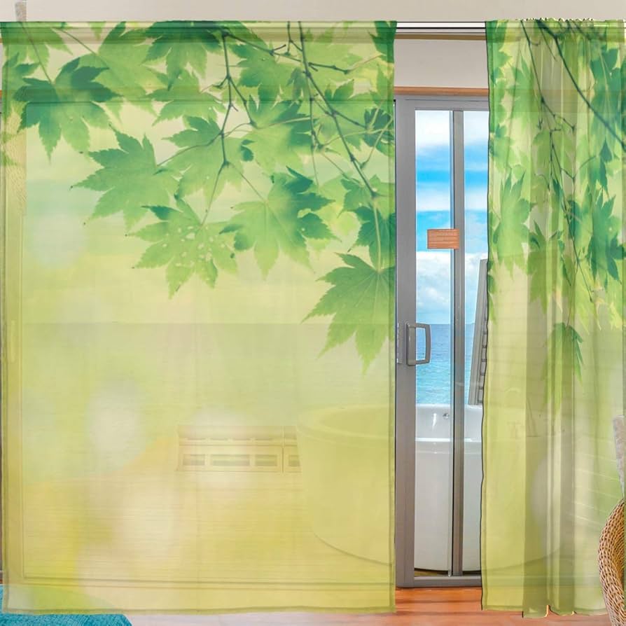 Amazon｜レースカーテン シェードカーテン 2枚 おしゃれ 葉柄 緑