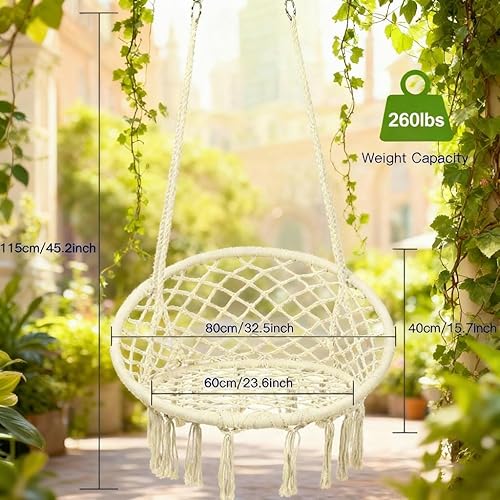 Miniatura 37 de Goutime Silla tipo hamaca, sillas colgantes de macramé con cojín y kit de herramientas, columpios bohemios para adultos para exteriores, patio, Gris