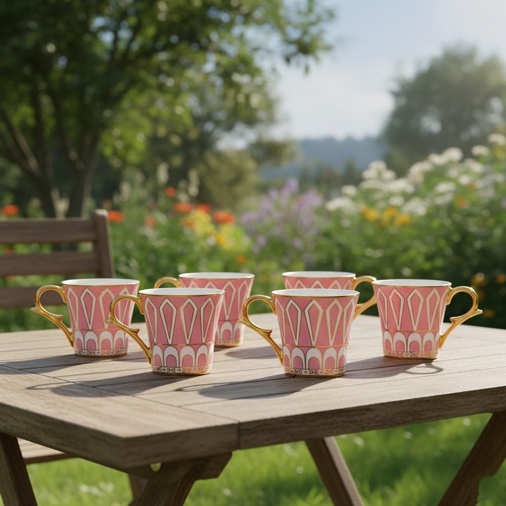Femora Dropped U Scale Pattern Pattern Golden Tea Mugs, Ceramic Tea Cups, Coffee Mugs (160 ml, Pink) - 6 Pcs Set (NOT Microwave Safe)