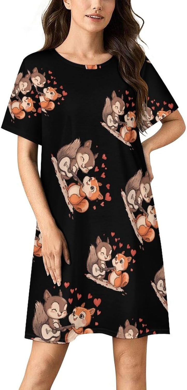 Squirrel Playing Guitar Womens Nightgown Short Sleeve Sleepshirts Loungewear
