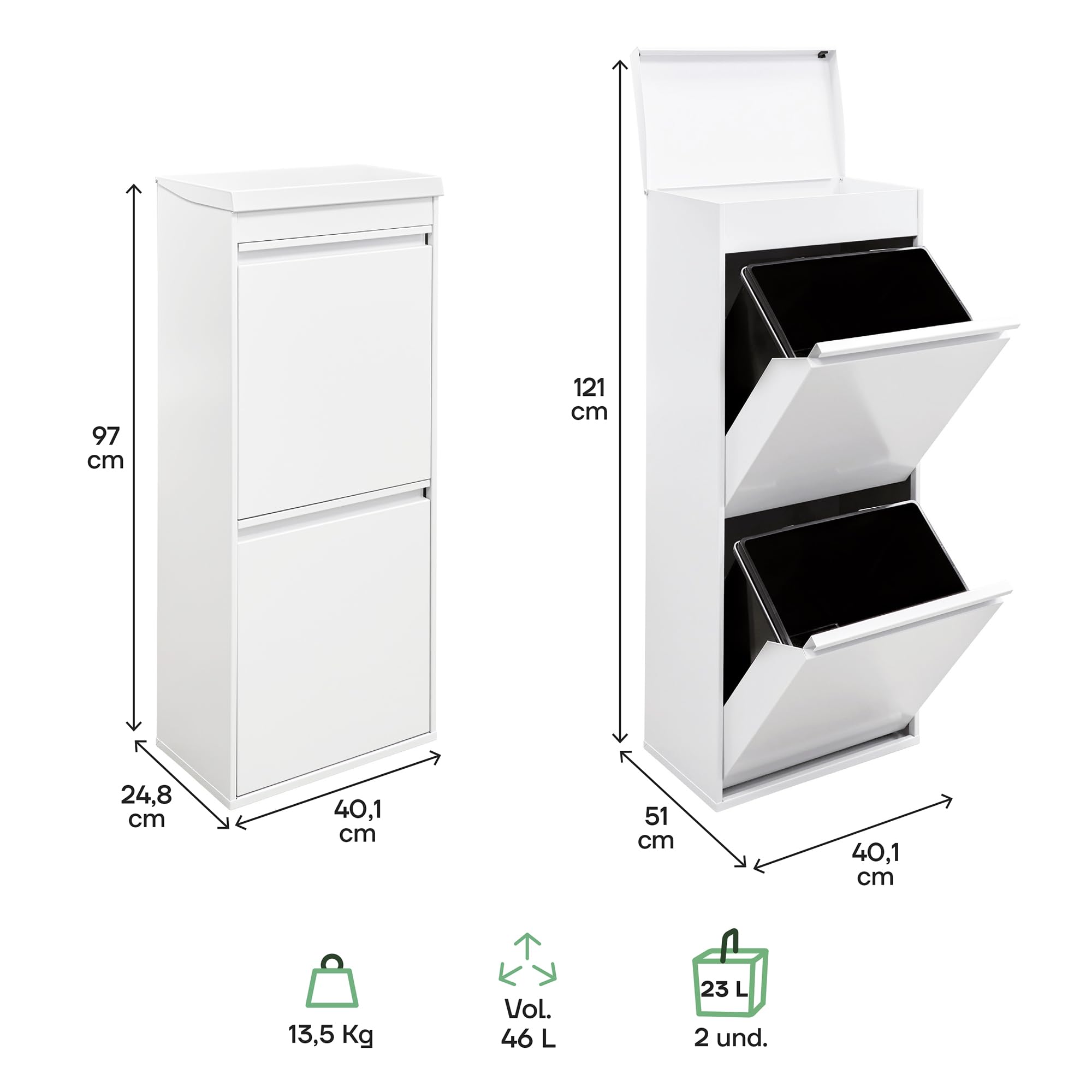 Arregui Top CR421-B2 Cubo de Basura y Reciclaje de 2 Compartimentos con Cajón Superior | 2x23 L (46 L) | con Cubetas grandes para Envases | Contenedores de Reciclaje de Cocina | blanco