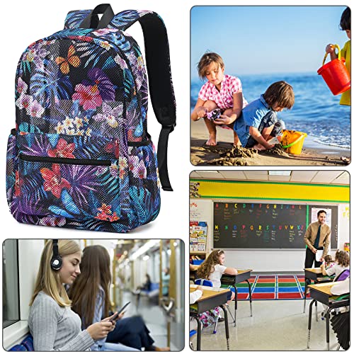 Bluboon Tropical Summer Hawaiian Flower Palm Leaves Mesh Backpack For Girls Kids Semi-Transparent School Bookbag See Through Beach Bag Daypack With Mesh Drawstring Bag Gear Backpack #TOP6