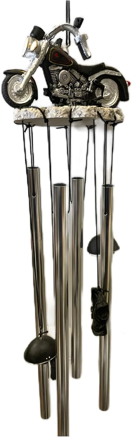 Generic Motorcycle Themed Wind Chime, 23 Inches Long, Black and White with Helmets and Vests Design, Decorative Chime for Home or Office