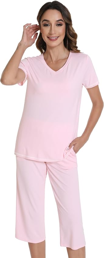 WiWi Pajamas for Women Cool Short Sleeve Top and Capri Pants Viscose from Bamboo Super Soft 2 Piece Pjs Sleepwear S-XXL