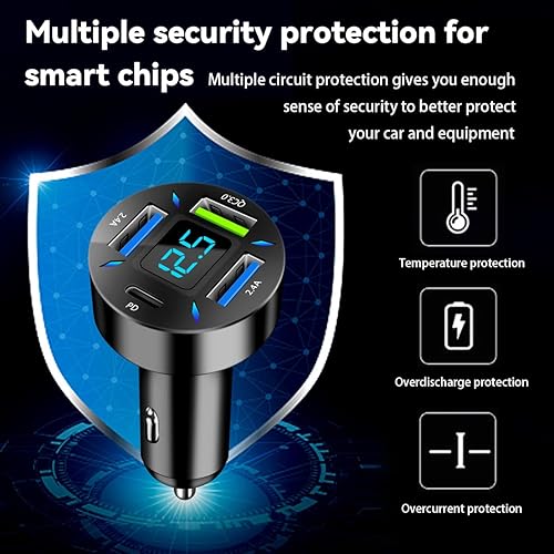 Miniatura 9 de Moioee Cargador de coche USB de 4 puertos, carga súper rápida USB QC 3.0 de 66 W, cargador adaptador USB con voltímetro LED para encendedor de