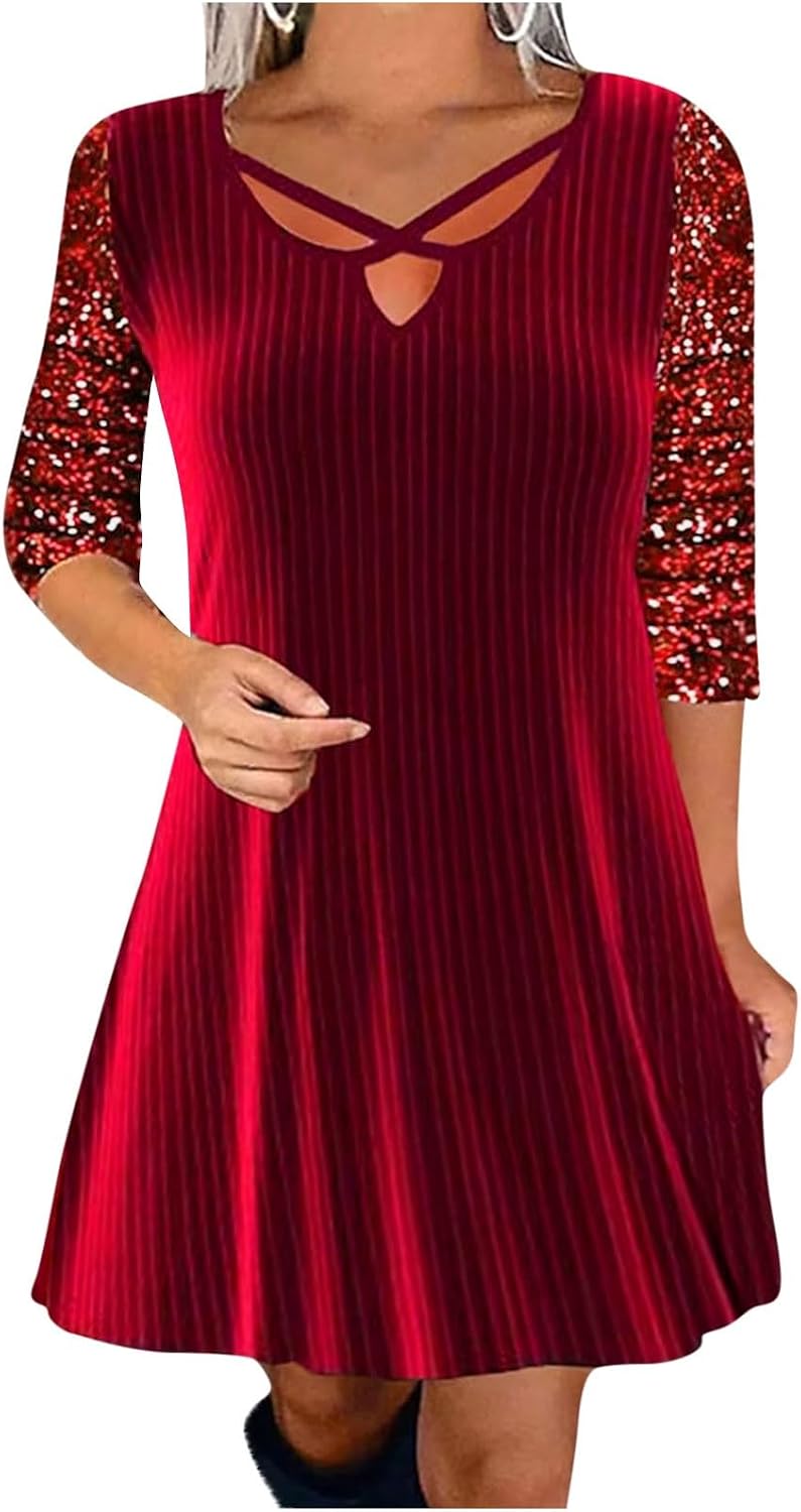 Women Long Sleeve Sparkly Sequin Dress,V Neck Sleeve Pleated Dresses