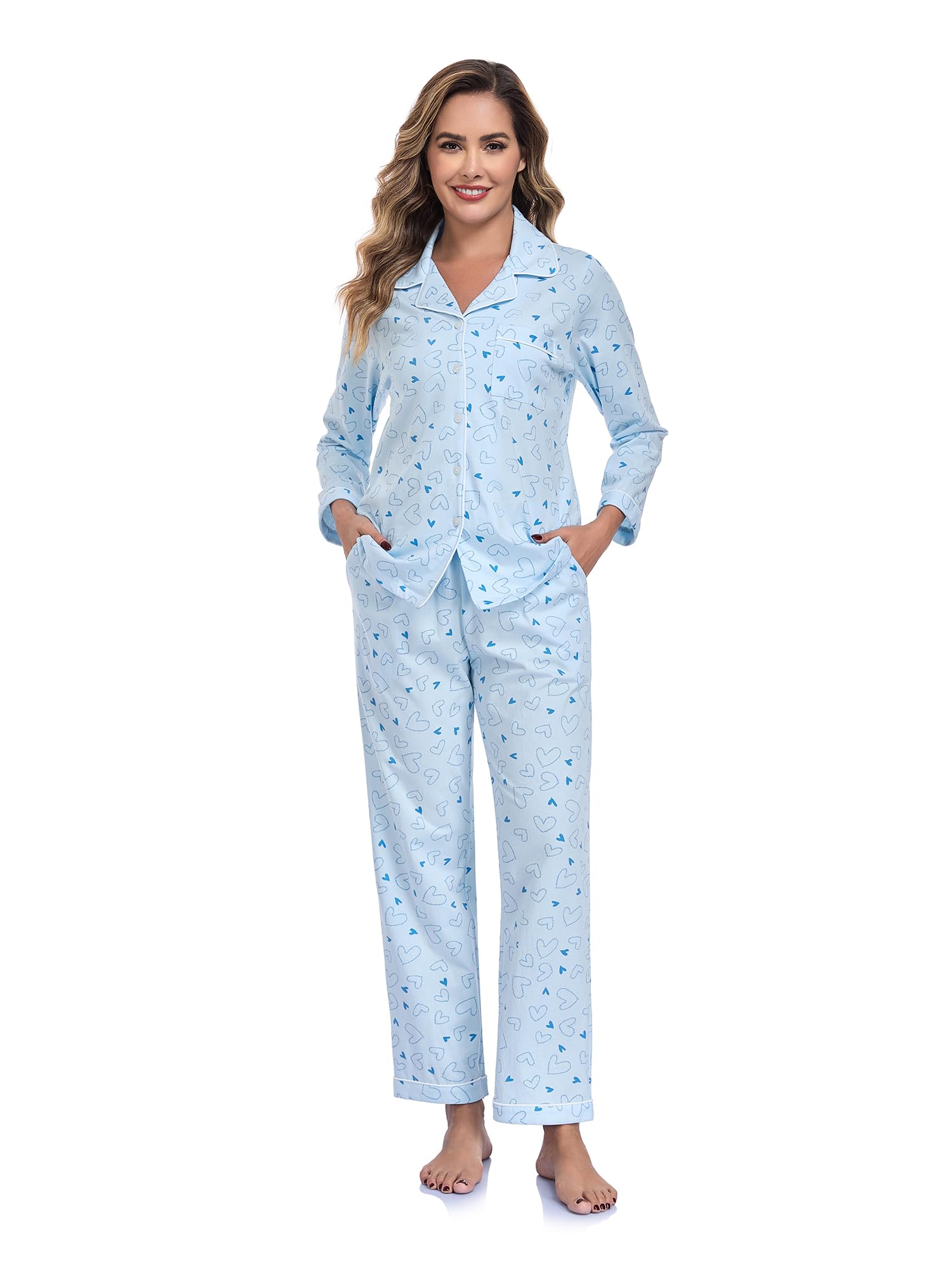 Damen Pyjama Set 100% Baumwolle Leopardenmuster Langarm Knöpfe Hose