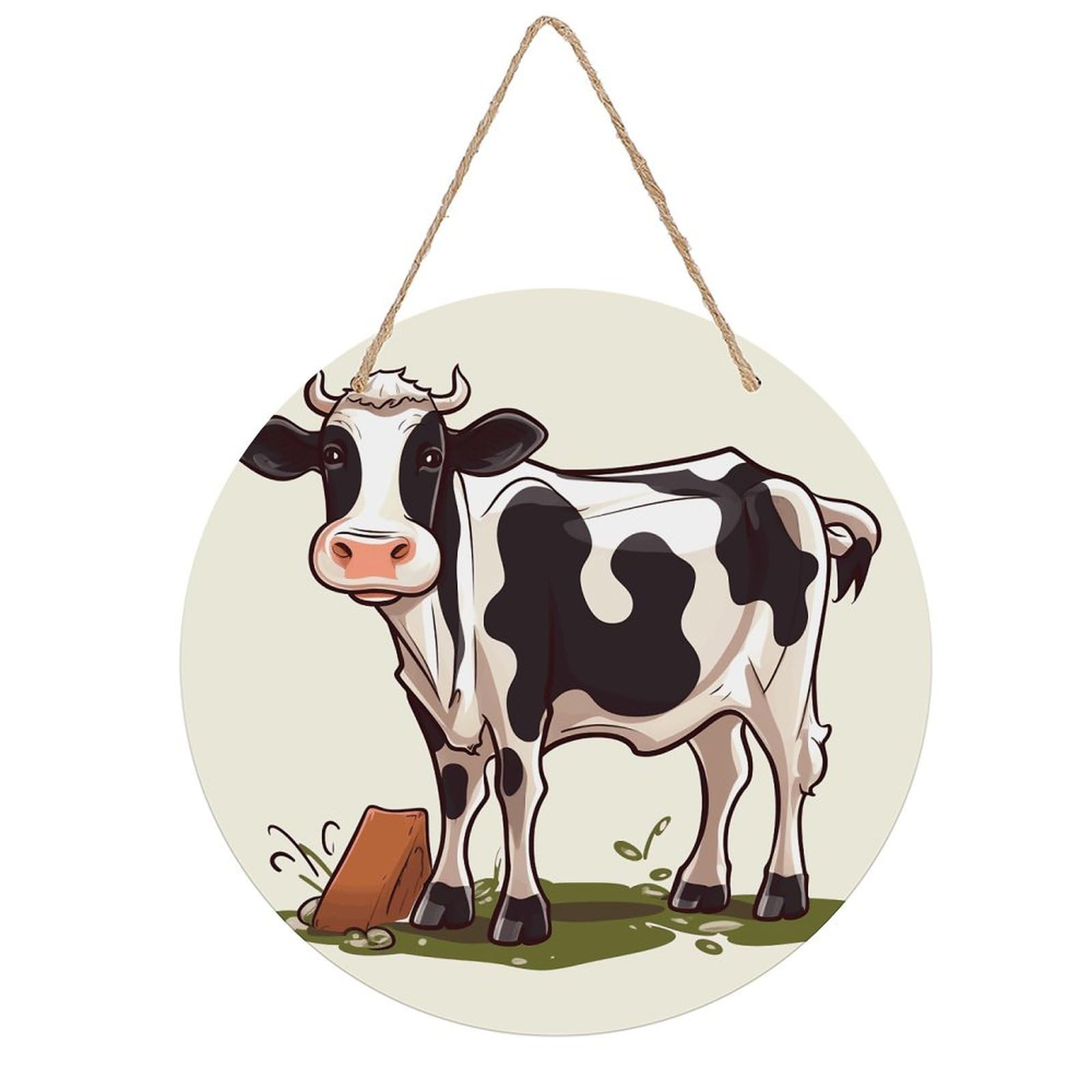 VstaDank Dairy Cow Wall Art Decor with Ropes Wooden Hanging Sign Hanging Wall Decor Artwork Round Wood Painting Modern Wall Prints Decor Picture for Office Bar Home Decors