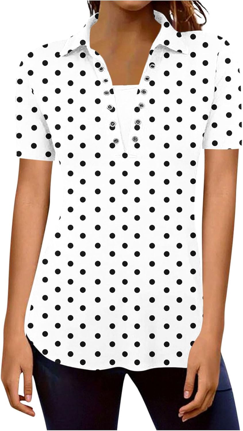 Women's Polka Dots Printed Top Casual Button V Neck Short Sleeve Tunic T Shirts Loose Fit Going Out Tees