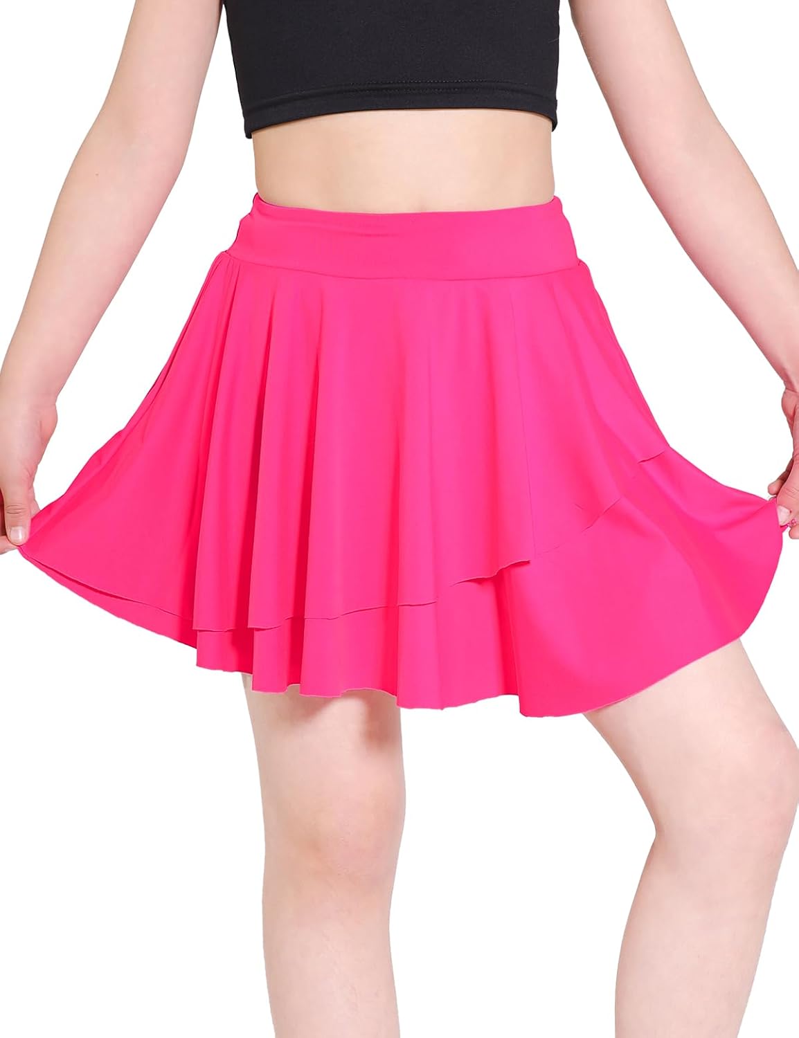 Girls Tennis Skirts Layered Ruffle Athletic Flowy Skirts with Pocket Skorts for Girls 5-14Y Rose Pink 9-10 Years