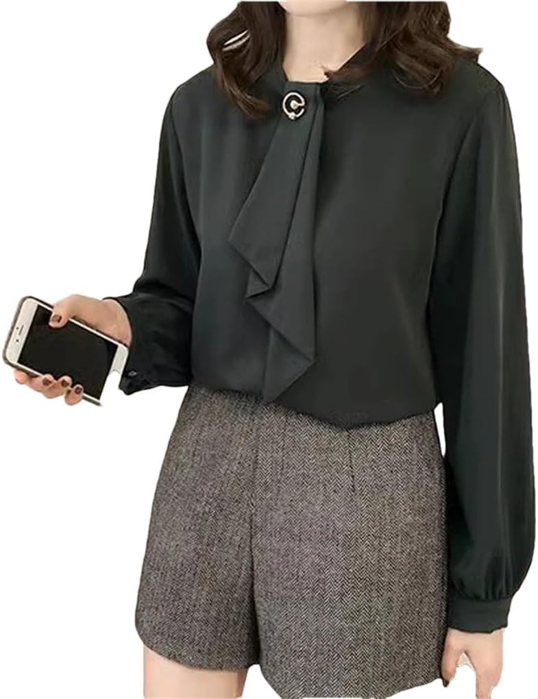 Solid Office Ladies Chiffon Blouses Long Sleeve O Neck Bow Tie Top Elegant Workwear