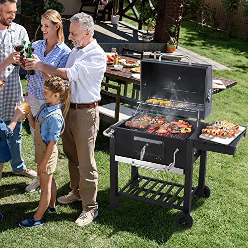 Foto von Grillwagen, Holzkohlegrill, Grill XXL, inkl.3 Grillrost, Öffner, Aschenbecher, Ablagen mit Haken, verstellbare Kohleblech & Aktivbelüftung und 2 Räder,113x53,5x100 cm,Leicht zu bewegen