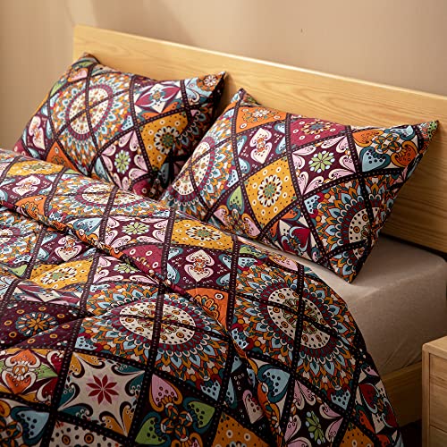 Atsense Bohemian King Size Comforter Set, 3Pcs 100% Cotton Paisley Comforter King Size, Soft Lightweight Warm Comforter Set For All Season With 2 Pillowcases (King, Purple & Orange) #TOP3
