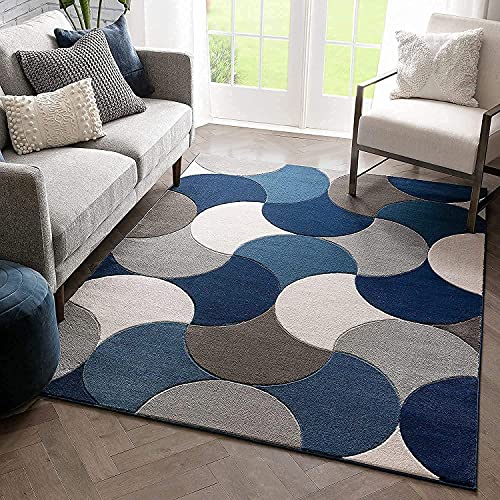 Image of Mordern Design Handmade Tufted Carpet Pure Woollen Export Quality Carpet for Living Room, Bedroom Hall [ Size 5 x 5 Round, Color White Blue ]