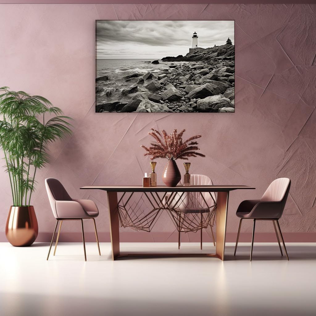 Canvas for Living room. Lighthouse Watch: A Monochrome Masterpiece Capturing Nature's Grandeur, 27 x 18 inch Canvas Wall Art - Contemporary Masterpieces - Modern Home Decor