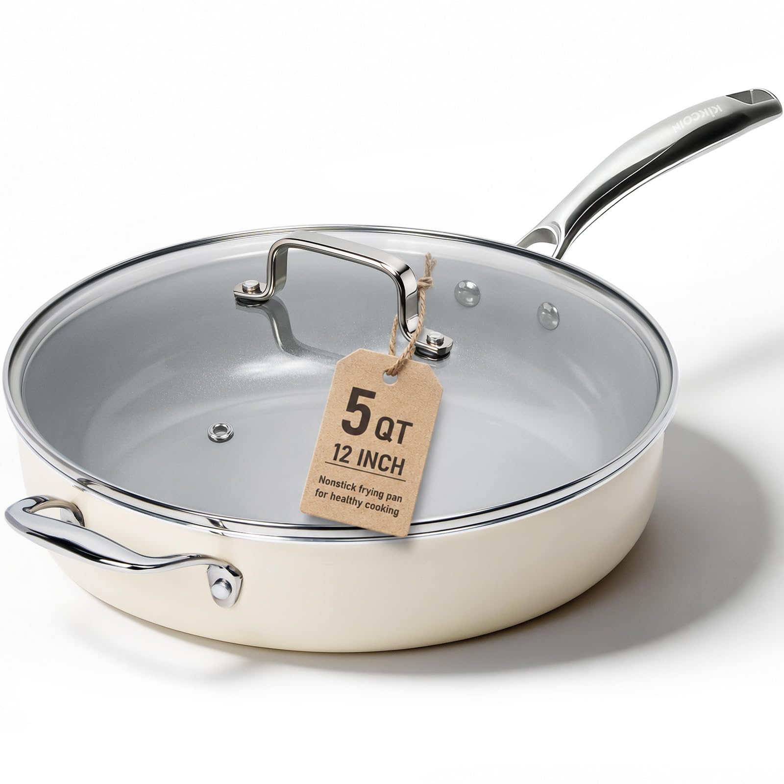 Kikcoin 12" Ceramic Nonstick Pan with Lid - 5 QT -1
