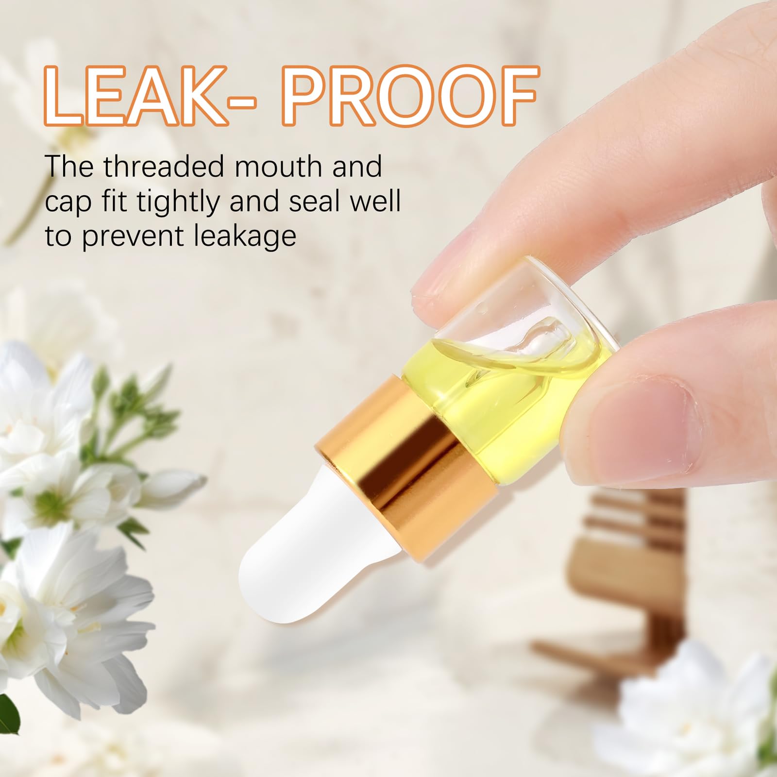 Kesell Confezione da 100 mini bottiglie contagocce in vetro trasparente da 2 ml, con contagocce, per oli essenziali, da viaggio, con 5 contagocce in plastica, contenitori con coperchio (oro)