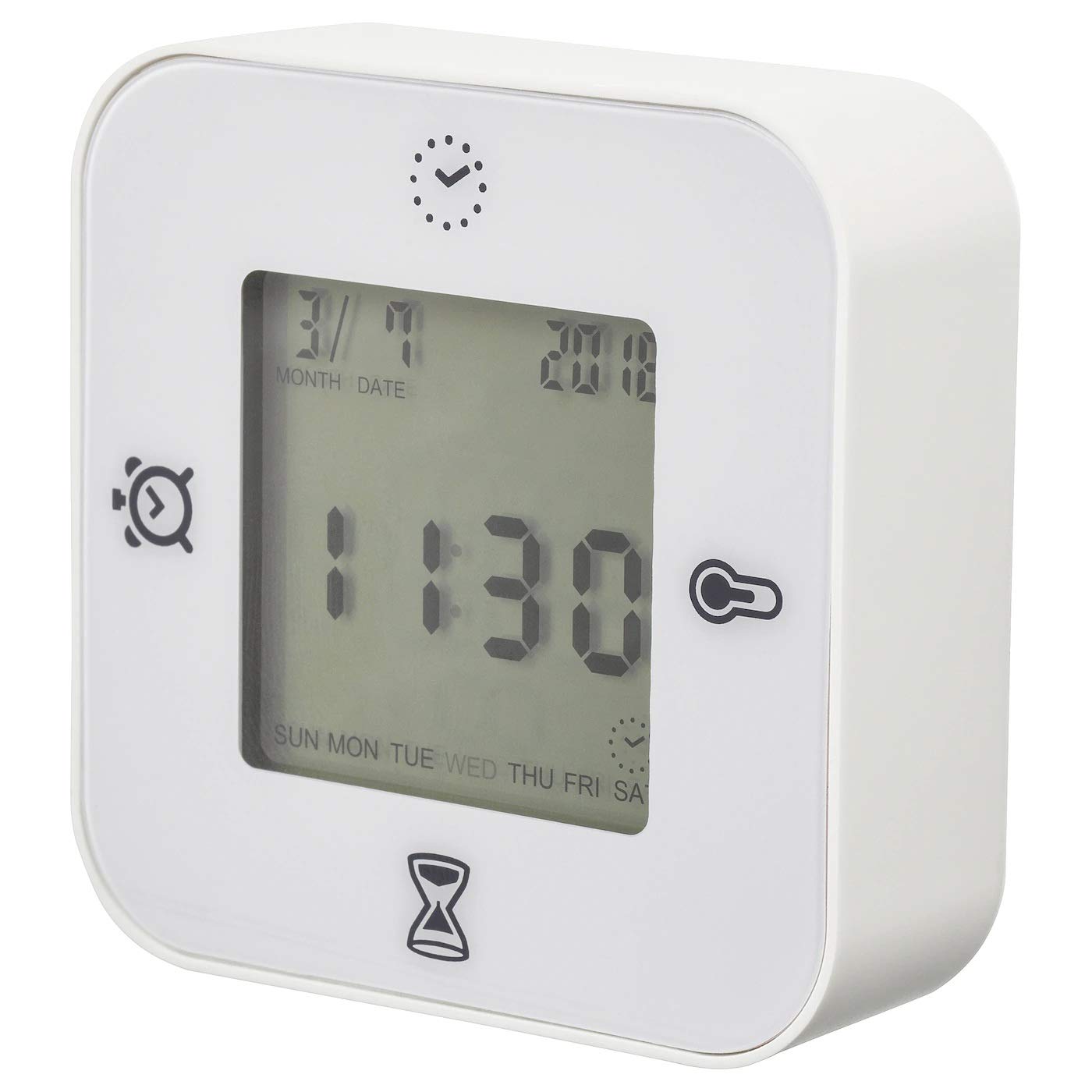 Clock/Thermometer/Alarm/Timer, White, Product Size: Width: 7 cm Depth: 3 cm Height: 7 cm, Materials: Frame: ABS Plastic, Front Protection: Poly-Carbonate Plastic